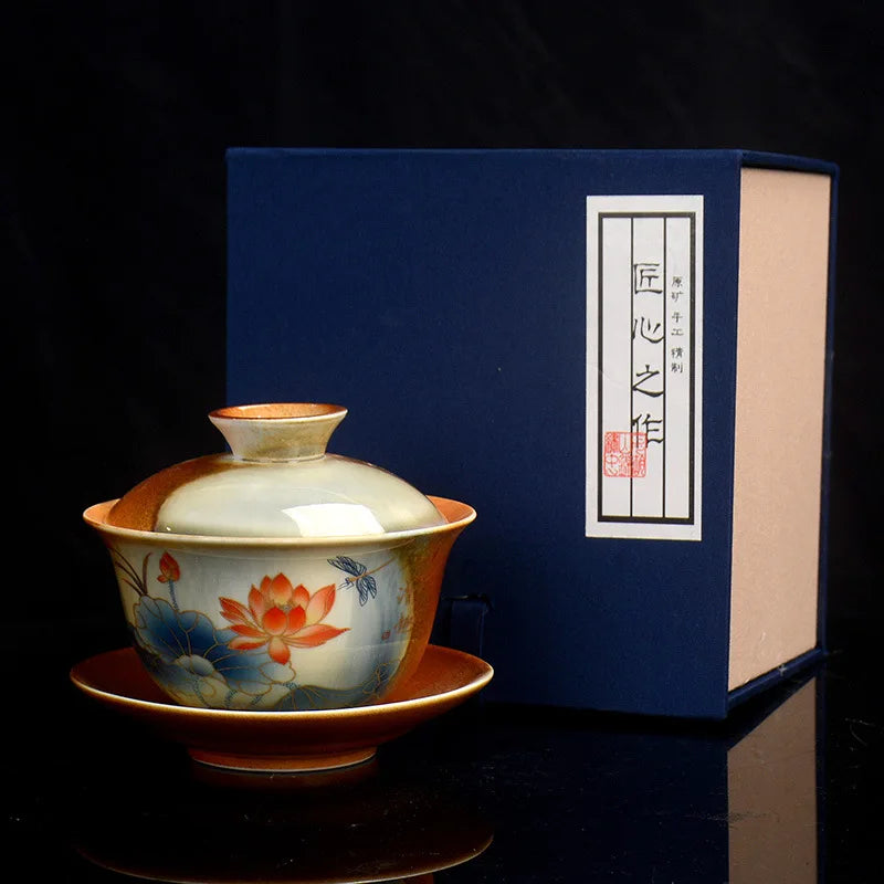 Hand Painted Lotus Gaiwan Tea Tureen | Vintage Ceramic Teacups