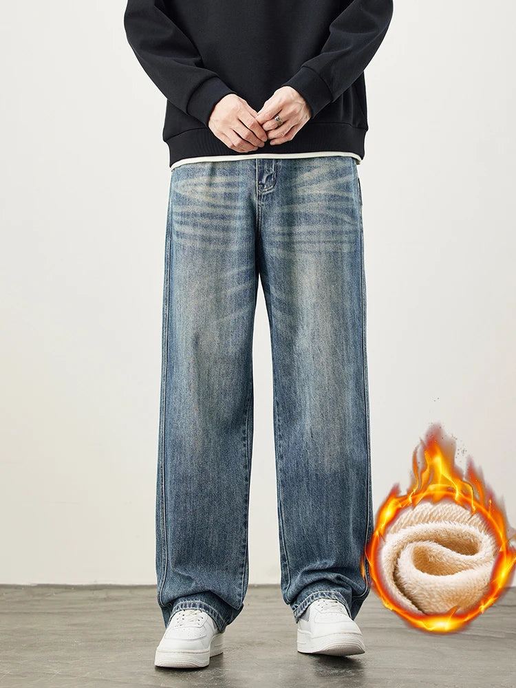Wide-Leg Warm Fleece Jeans — Winter Thick Loose Straight Denim Pants for Men, Vintage Casual Velvet-Lined Korean Style Trousers