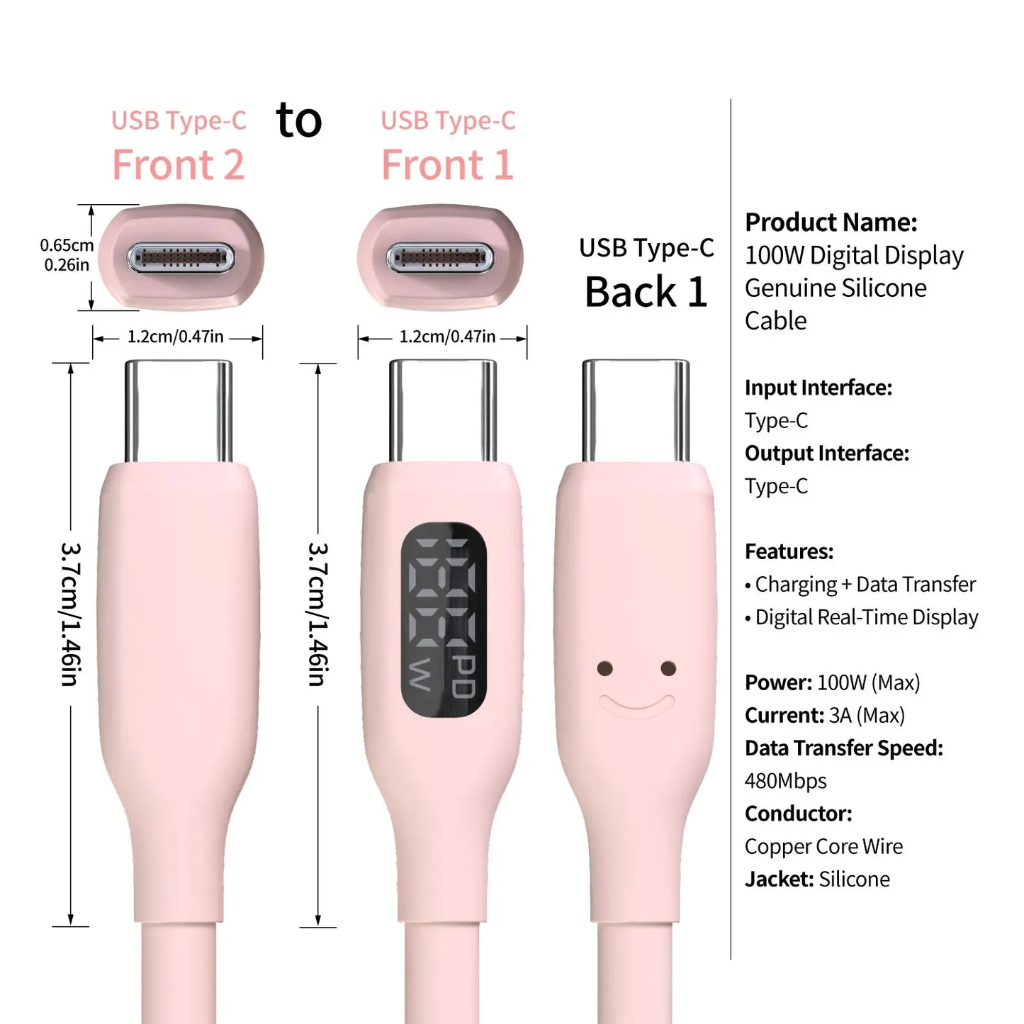 USB C Super Fast Charging Cable with Cute Pink LED Display