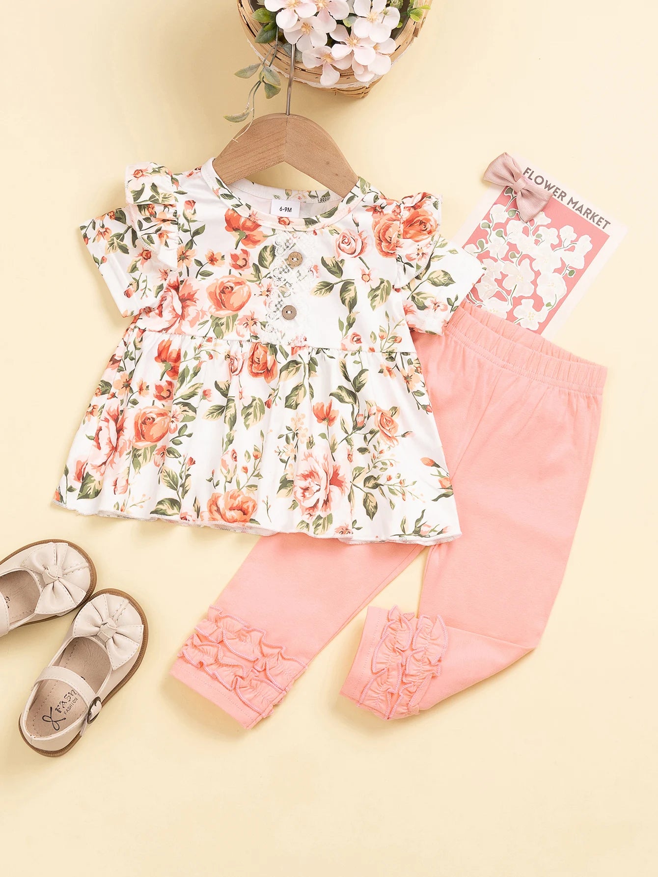 Baby Girl Floral Ruffle Top & Lace Trim Pants Set | Cute 2pc Outfit