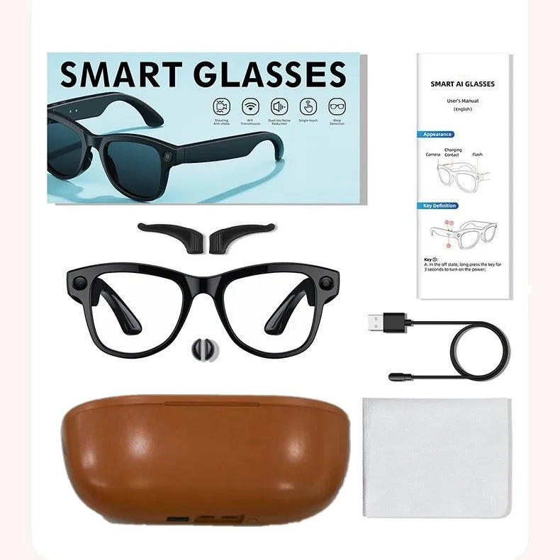 Rechargeable AI Smart Glasses — 800W Pixel Camera Recording, Wi-Fi File Transfer, AI Translation, Image Recognition, Bluetooth Calling & Voice Assistant with Charging Case