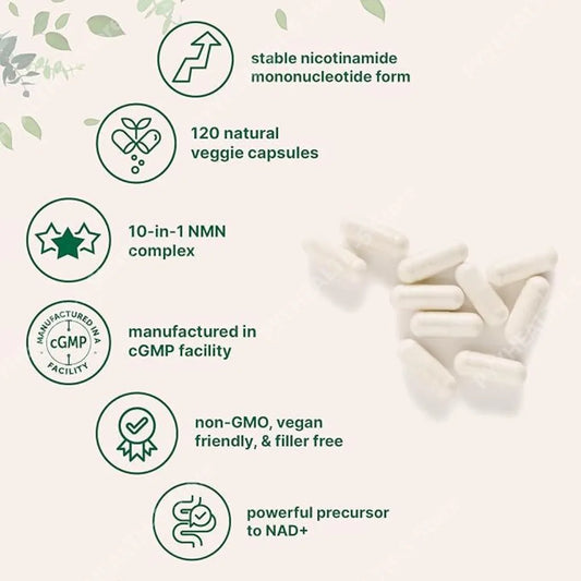 10-in-1 NMN Complex with Resveratrol & CoQ10 | 120 Veg Capsules