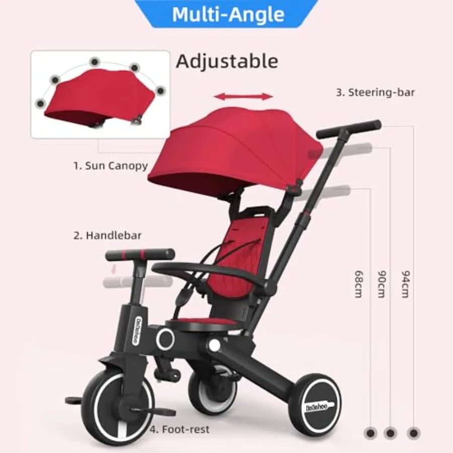 Foldable Toddler Tricycle Stroller with Push Handle 7-in-1 Balance Bike for Aged 1 to 5 Years Red