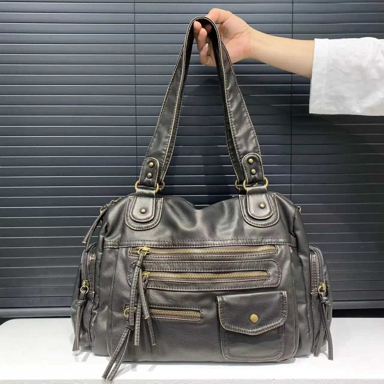 Vintage Washed Leather Crossbody Bag | Large Capacity Multi Pocket