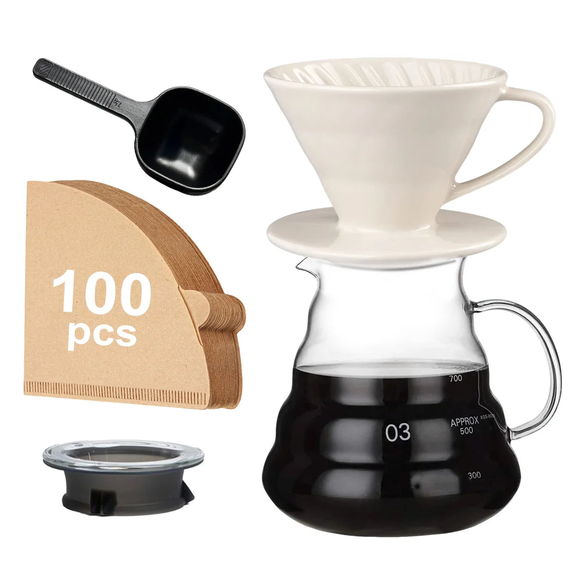 4 Pieces Pour Over Coffee Maker Set - Include Glass Pot & 100pcs Paper Filter & Ceramic Pour Over Coffee Dripper & Coffee Spoon