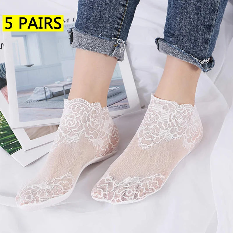Invisible Lace Socks for Women | Non-Slip Thin Boat Socks