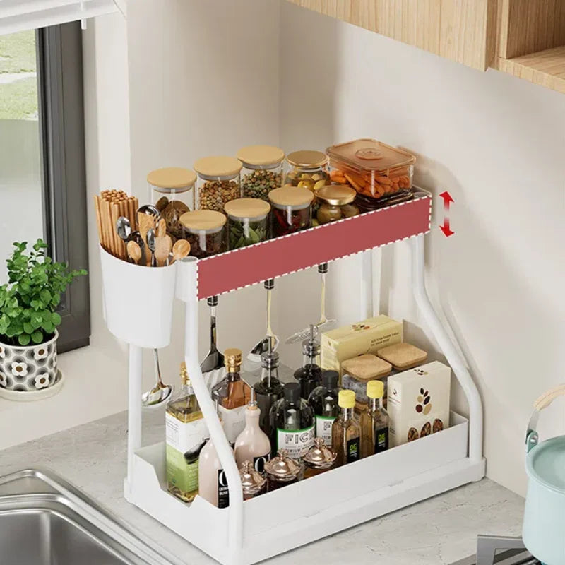 Under-sink storage rack for bathrooms, metal frame support, suitable for bathrooms, countertops, under sinks, and cabinets.