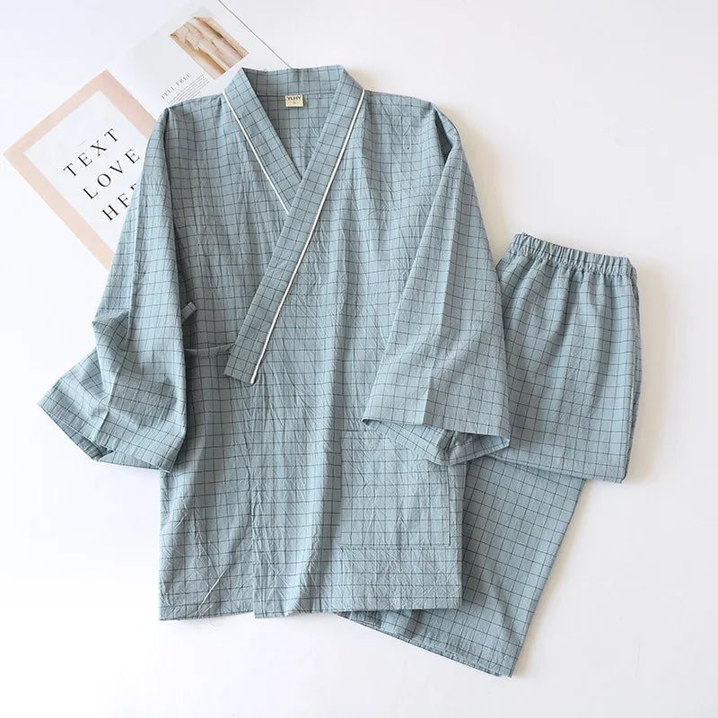 Spring Summer Japanese Pajama Sets Male 100% Cotton Spa Robe Sets Boxer High Quality Kimono Robes Men Plaid Home Hombre