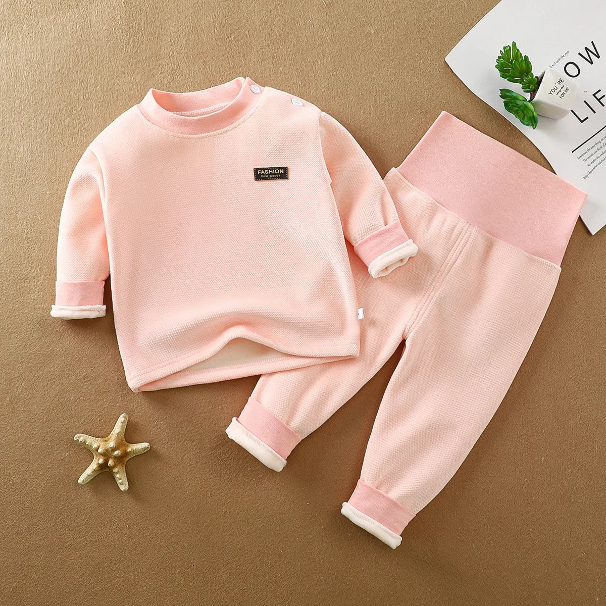 Unisex Kid's Fleece-Lined High Neck Top & Pants Set for Daily Wear