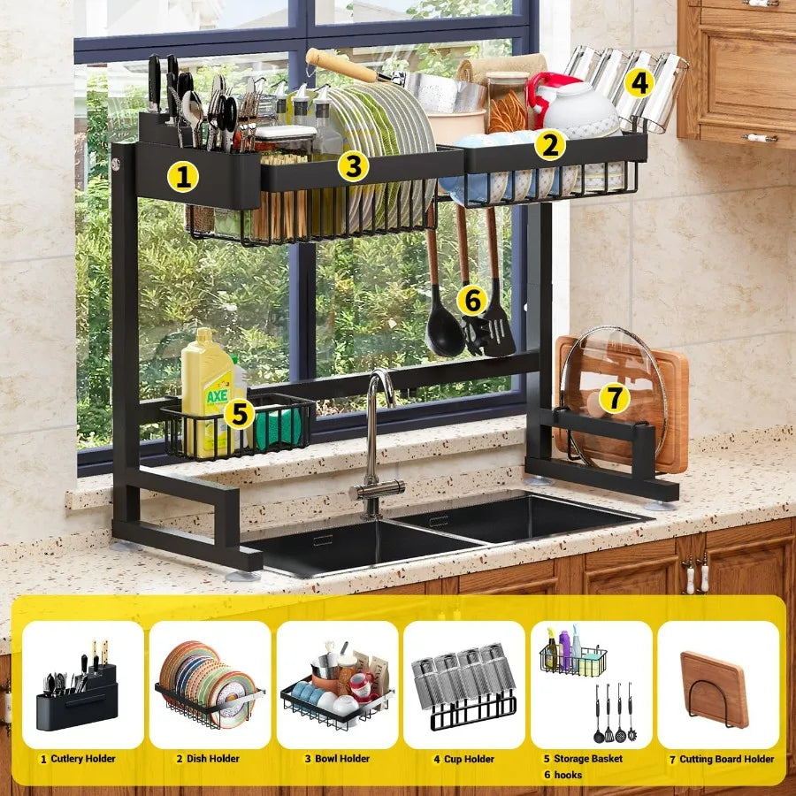 Over Sink Dish Drying Rack (Expandable Height/Length) Snap-On Design Large Dish Drainer Storage Counter Organizer 24" - 35.5"(L)