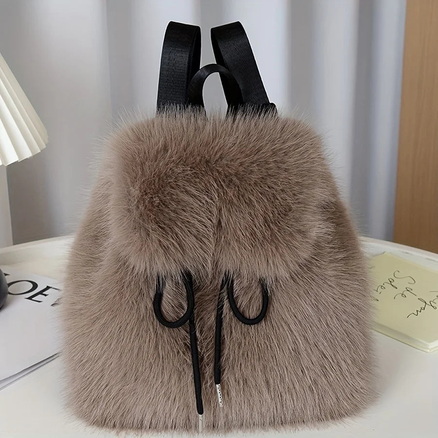 Women's Plush Faux Fur Backpack with Adjustable Drawstring Closure Daypack for Casual Formal Use Mini Backpack Soft Texture Bag