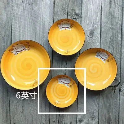 Multi-Color Cartoon Lucky Cat Round Ceramic Plate | Joyful Dining