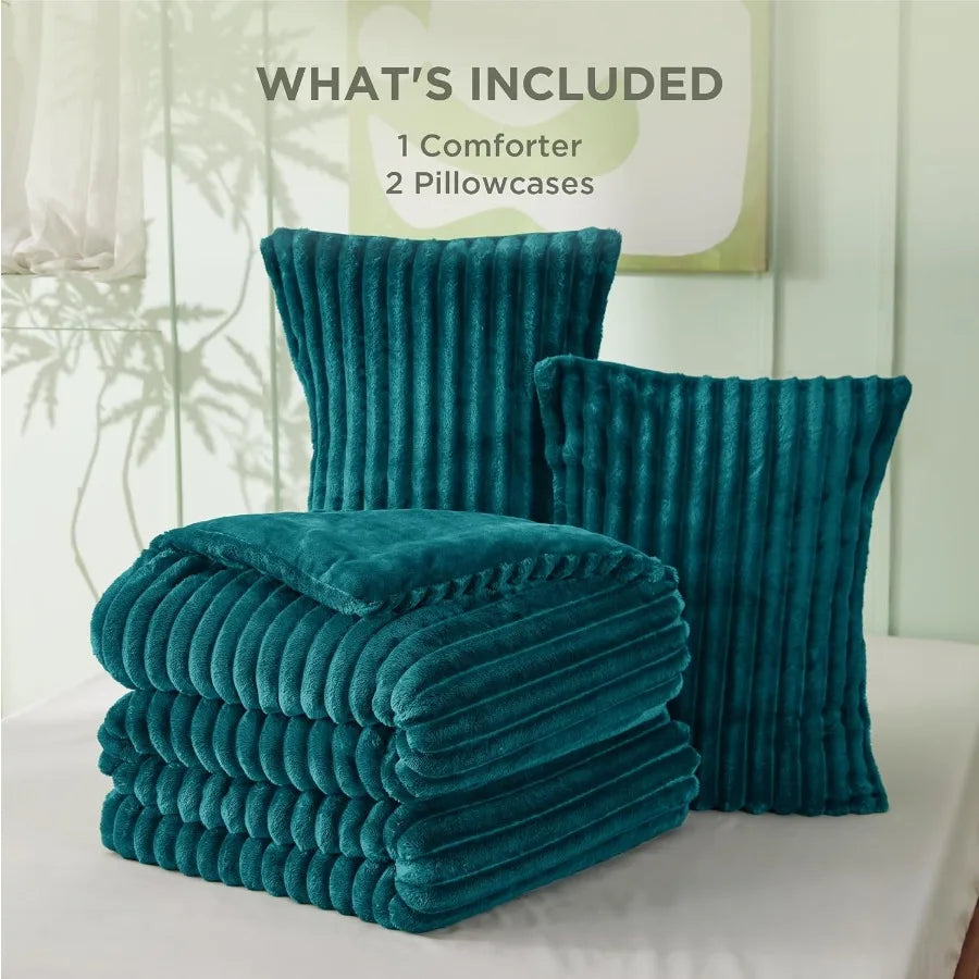 King Size Fluffy Teal Comforter Set | Plush Faux Fur Bedding