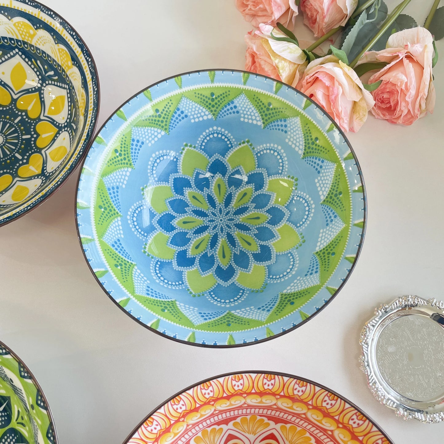 1/4-Piece Bohemian Ceramic Soup Bowl Set, 8-Inch Microwave & Dishwasher Safe, Ramen Pasta Salad Bowl