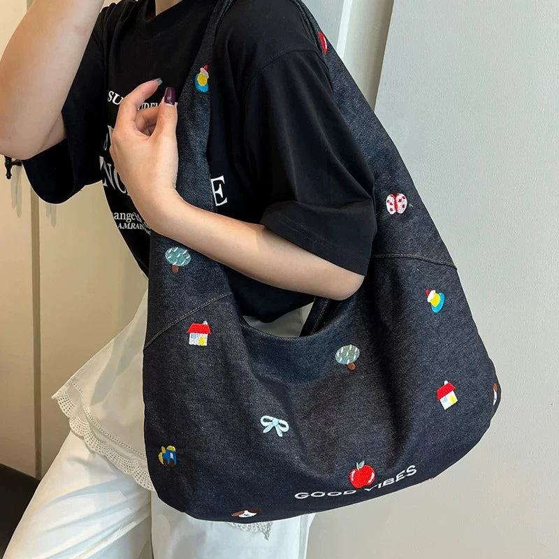 Stylish Embroidered Denim Tote Bag | Large Capacity Crossbody