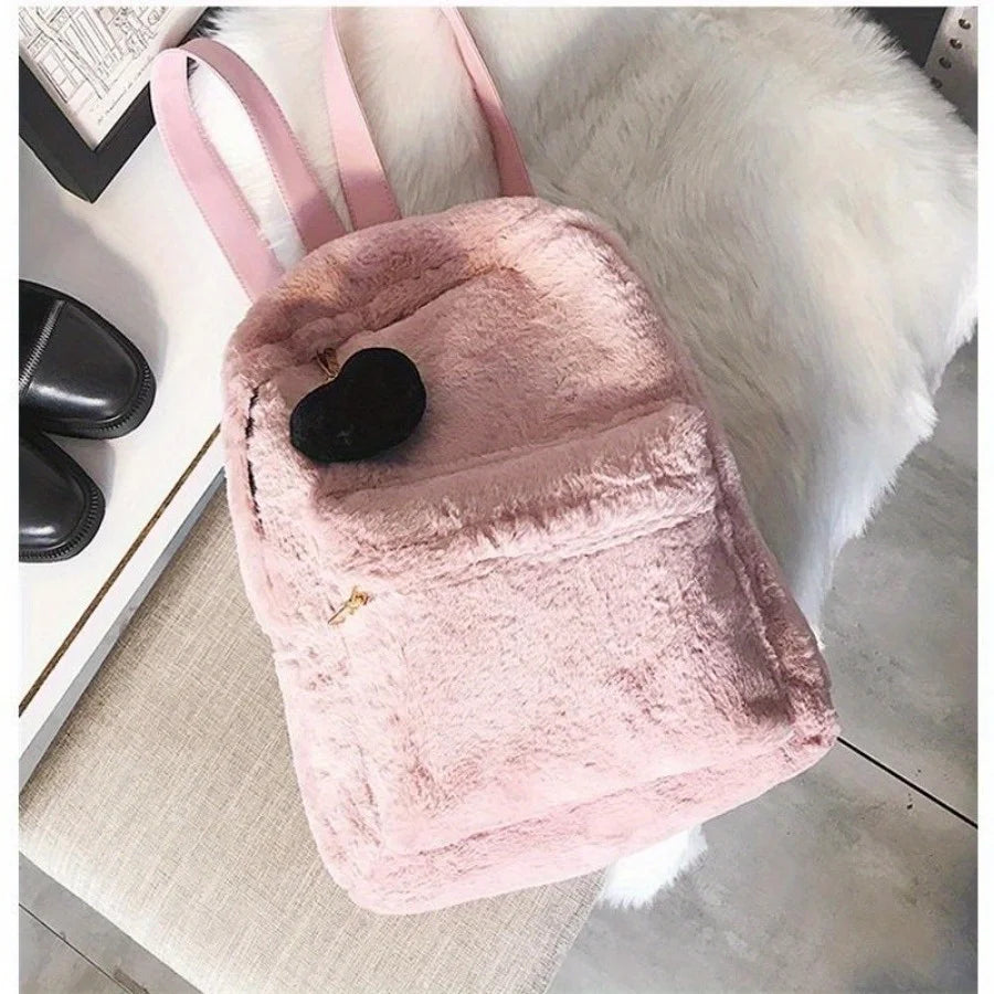 1PC Cute Women's Plush Faux Fur Backpack Heart Pendant Soft Backpack Mini Backpack