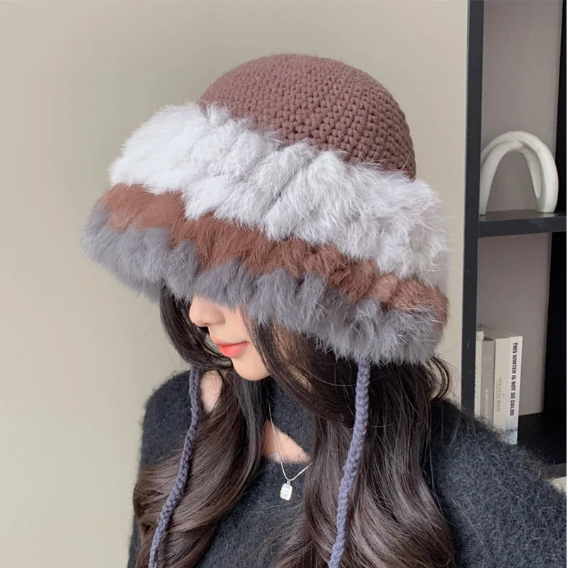 Women's Rabbit Fur Knitted Beanie | Cute Warm Ear Flap Hat Korean Style Winter 2026