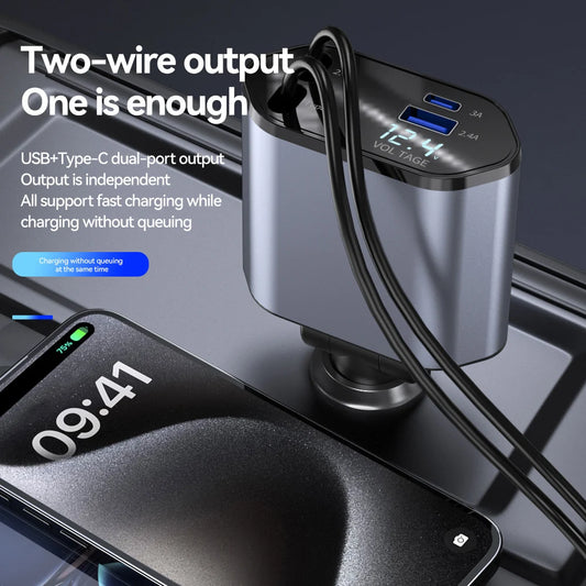 120W 4-in-1 Car Charger | Fast Retractable Charging Adapter