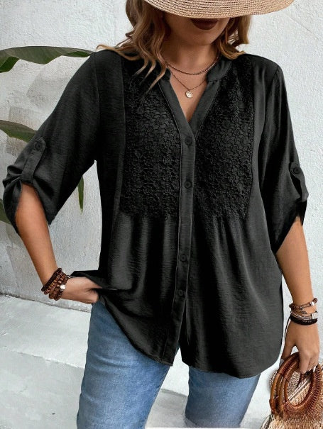 Elegant Ladies Lace V-Neck Shirt | Stylish Button Front Design