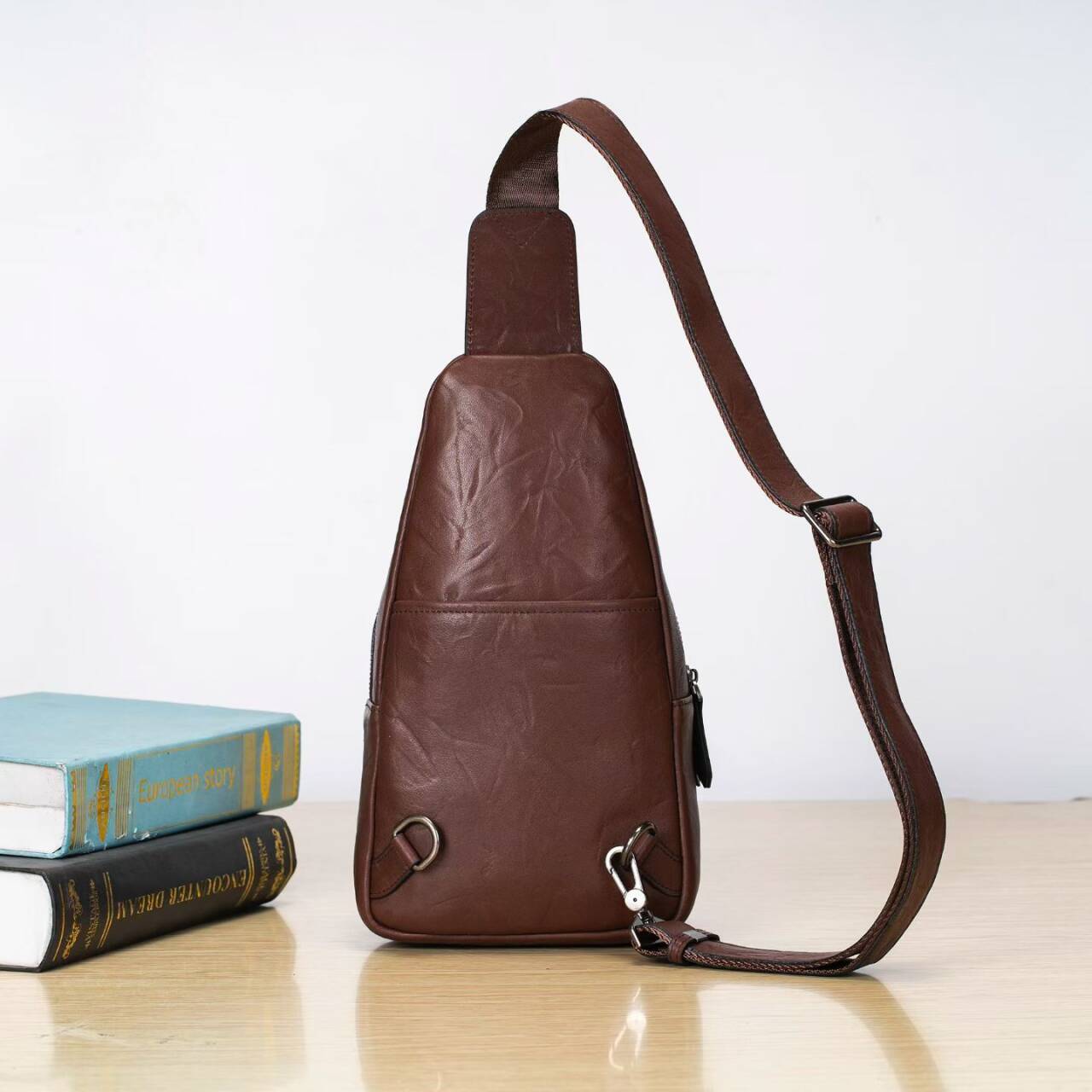 Men's Genuine Leather Crossbody Chest Bag with Lock