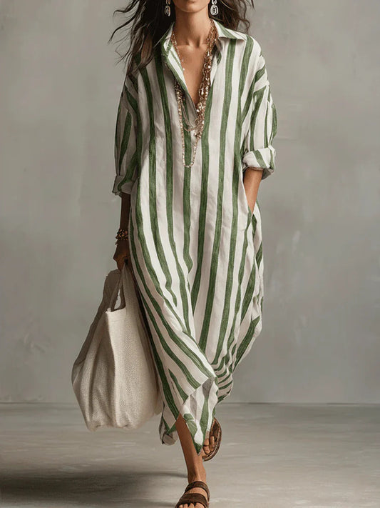 Stylish Loose V-Neck Striped Shirt Dress for Everyday Elegance