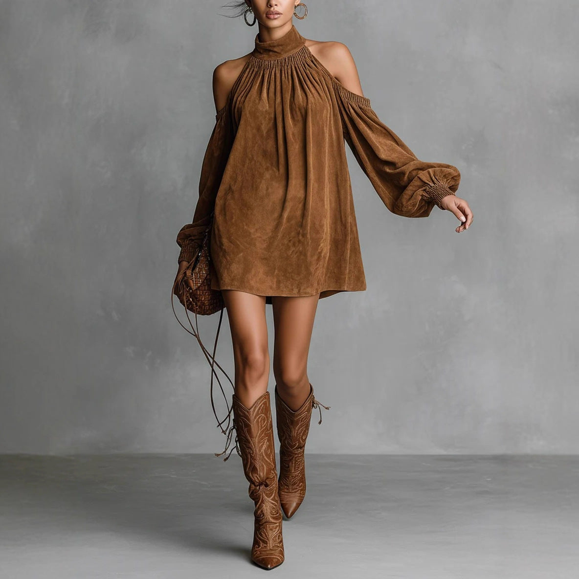 Chic Halter Neck Off-Shoulder Mini Dress with Lantern Sleeves
