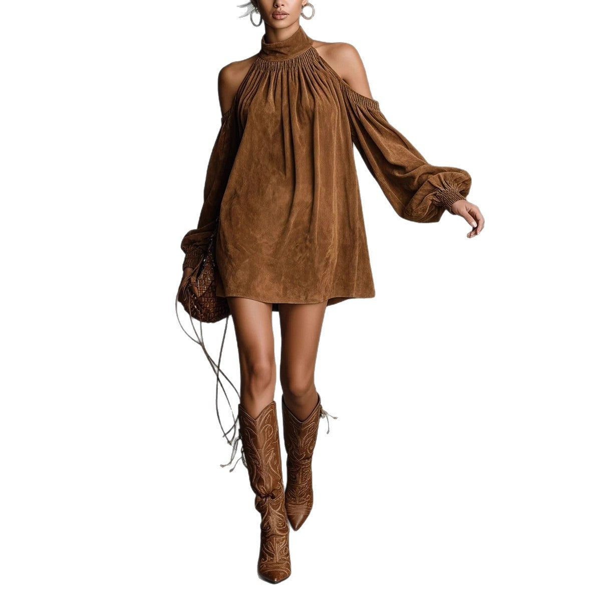 Chic Halter Neck Off-Shoulder Mini Dress with Lantern Sleeves