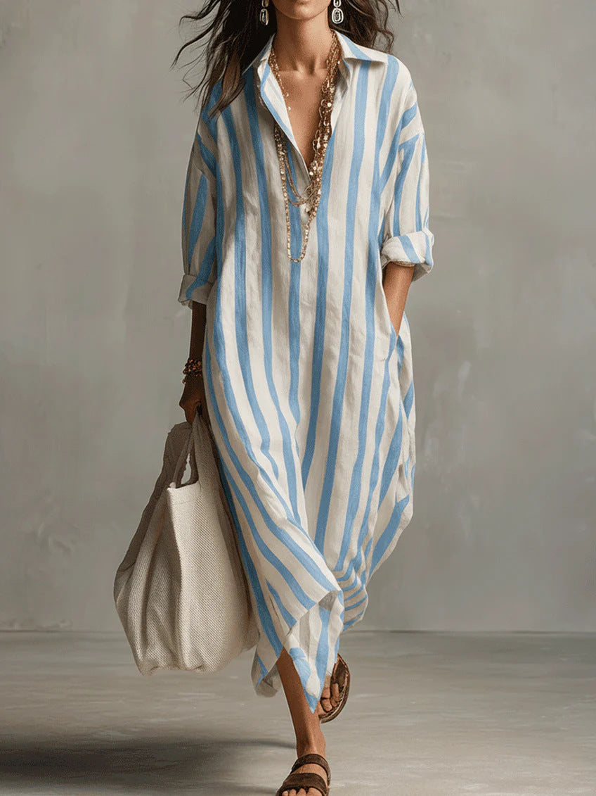 Stylish Loose V-Neck Striped Shirt Dress for Everyday Elegance
