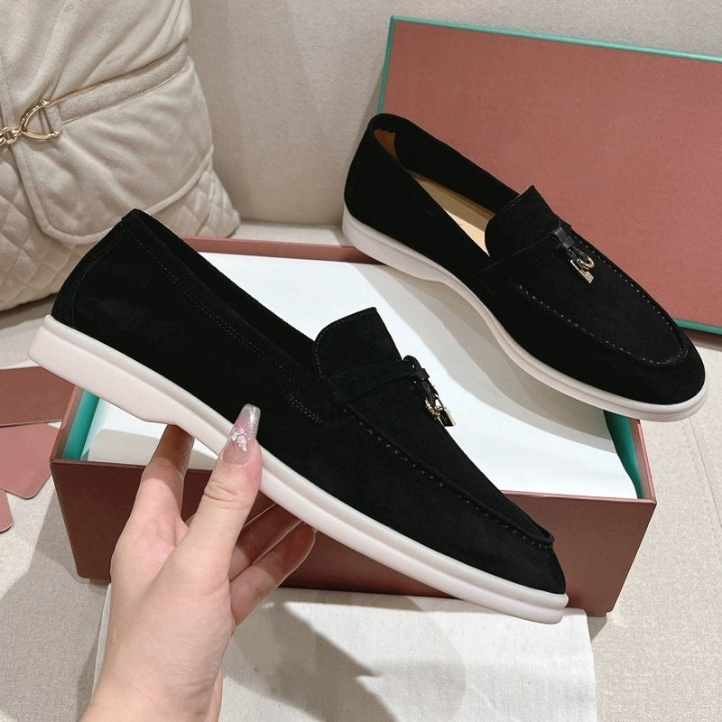 Women's Sheepskin Slip-On Loafers with Tassel Buckle | Comfortable Footwear