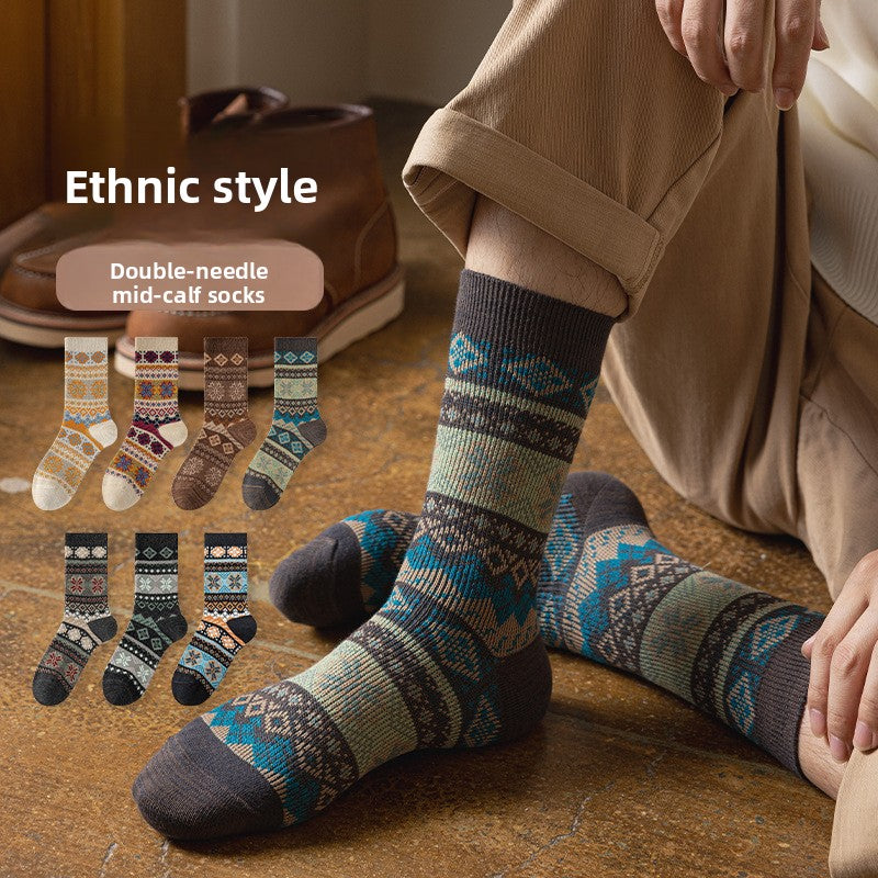 Men's Retro Geometric Pattern Cotton Socks | Stylish & Comfortable