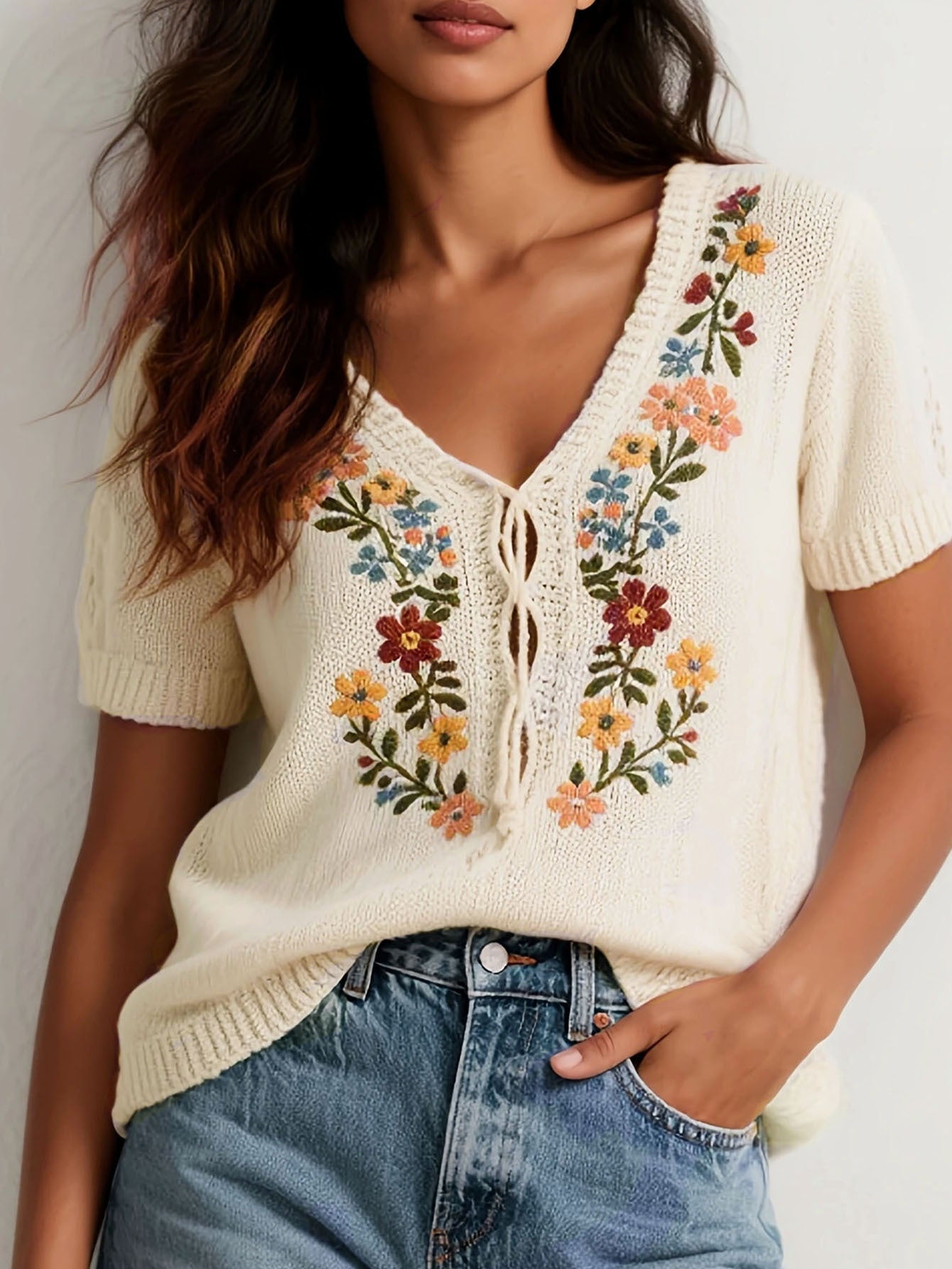 Floral Embroidered Knitted Sweater | Cozy & Stylish Pullover
