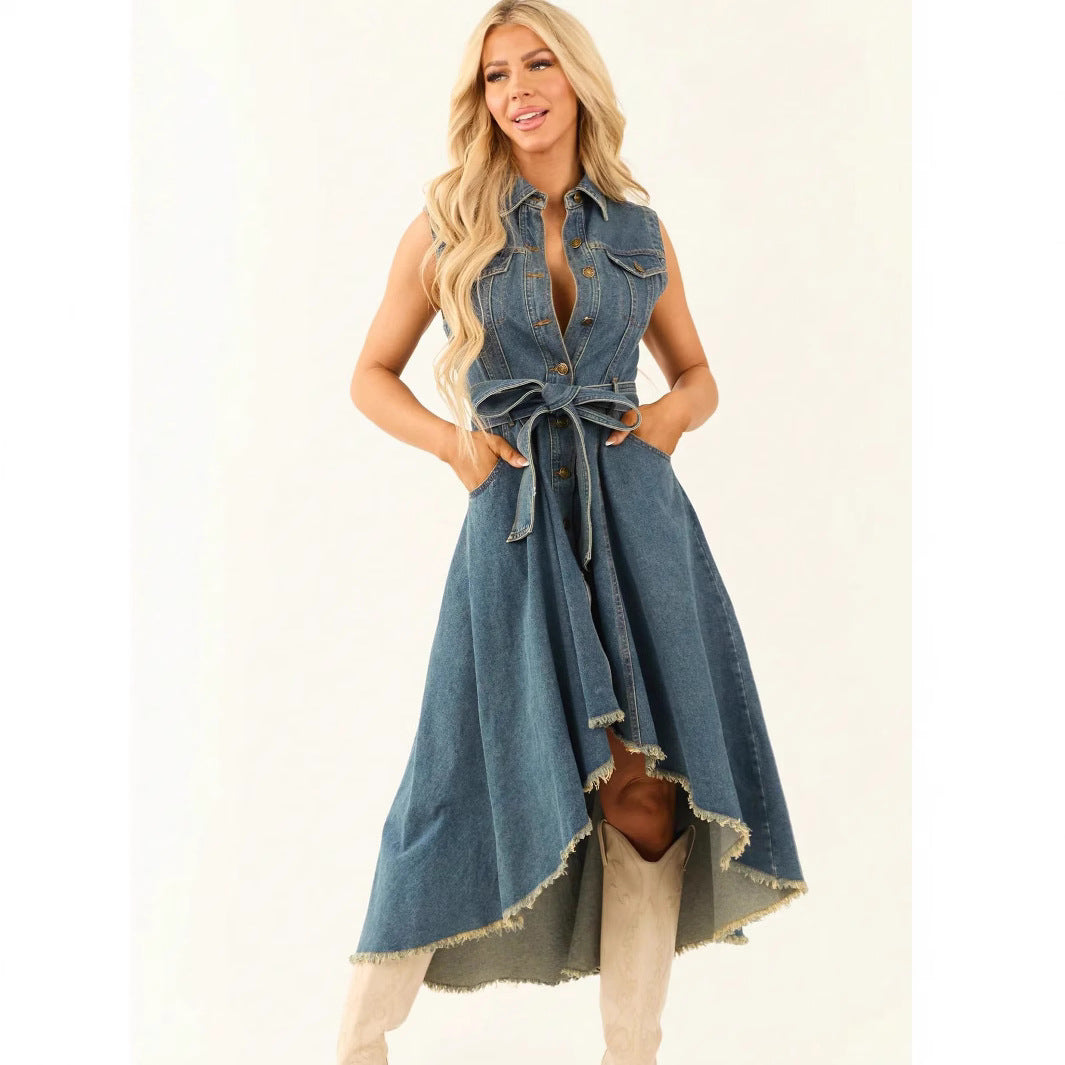 Sleeveless Denim Dress with Adjustable Waist | Trendy & Versatile