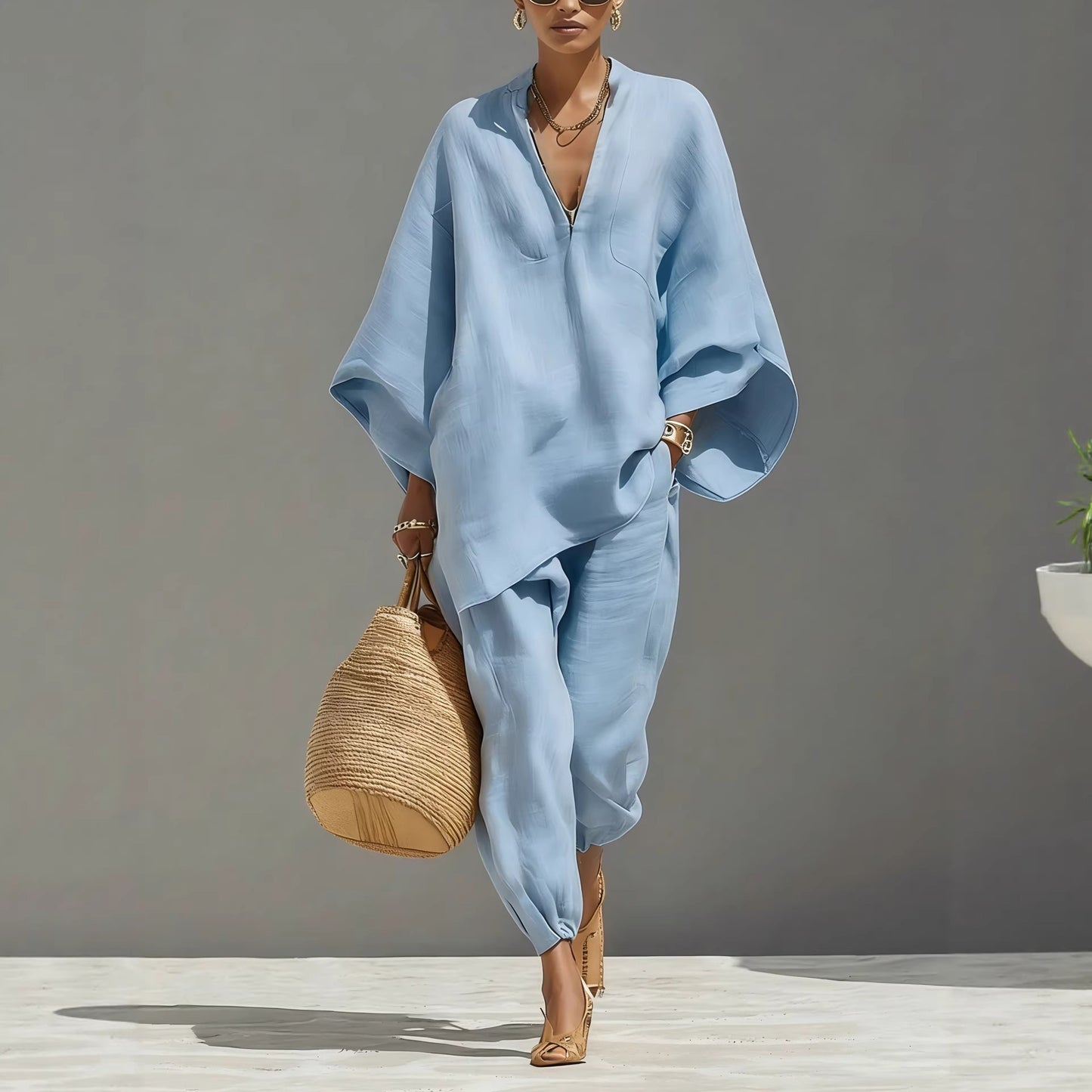 Stylish Batwing Sleeve V-Neck Casual Pants Suit for Everyday Wear