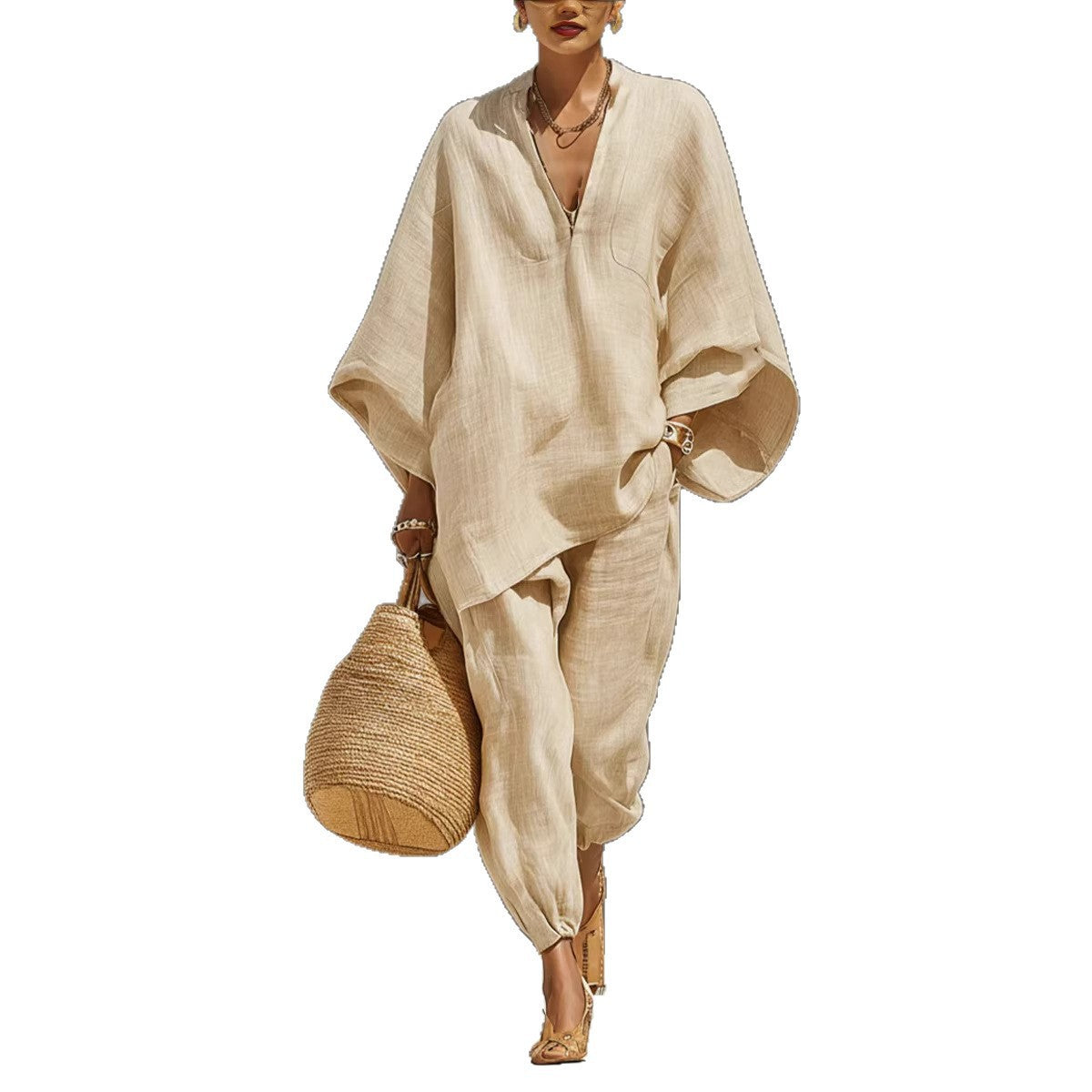 Stylish Batwing Sleeve V-Neck Casual Pants Suit for Everyday Wear