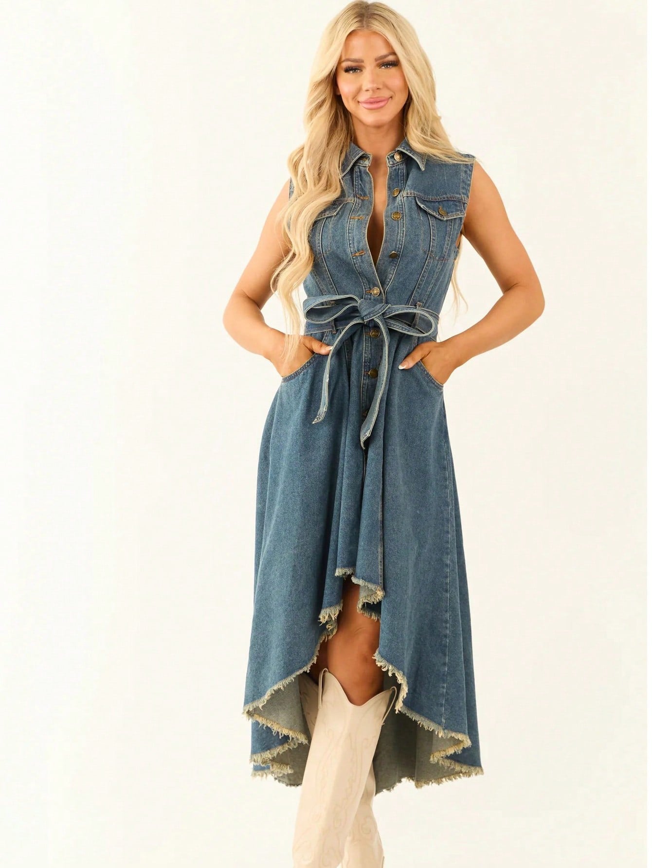 Sleeveless Denim Dress with Adjustable Waist | Trendy & Versatile