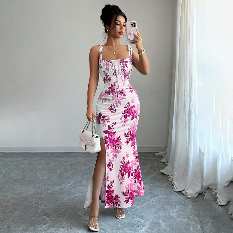 Floral Spaghetti Strap Slim Fit Slit Dress | Feminine & Stylish