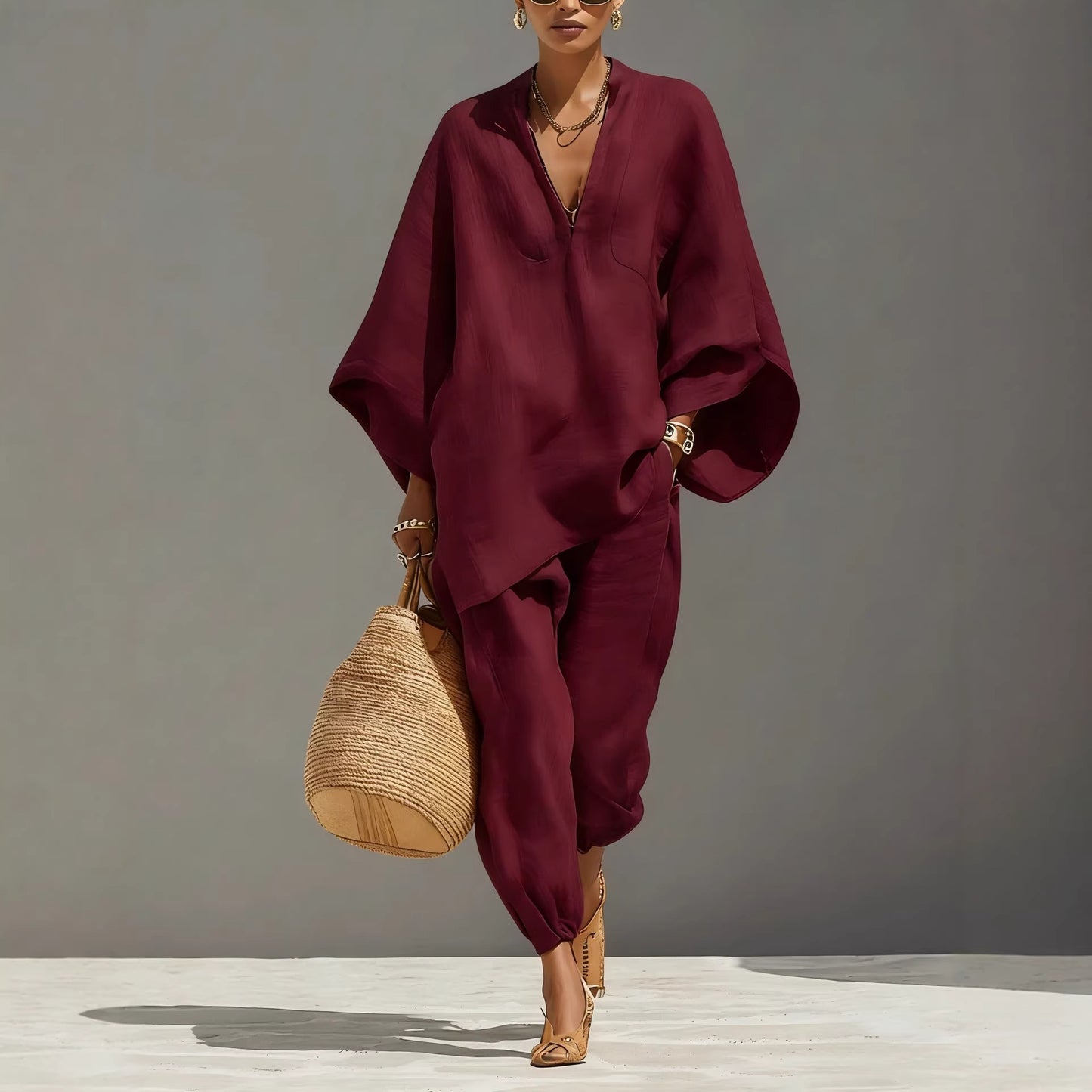 Stylish Batwing Sleeve V-Neck Casual Pants Suit for Everyday Wear