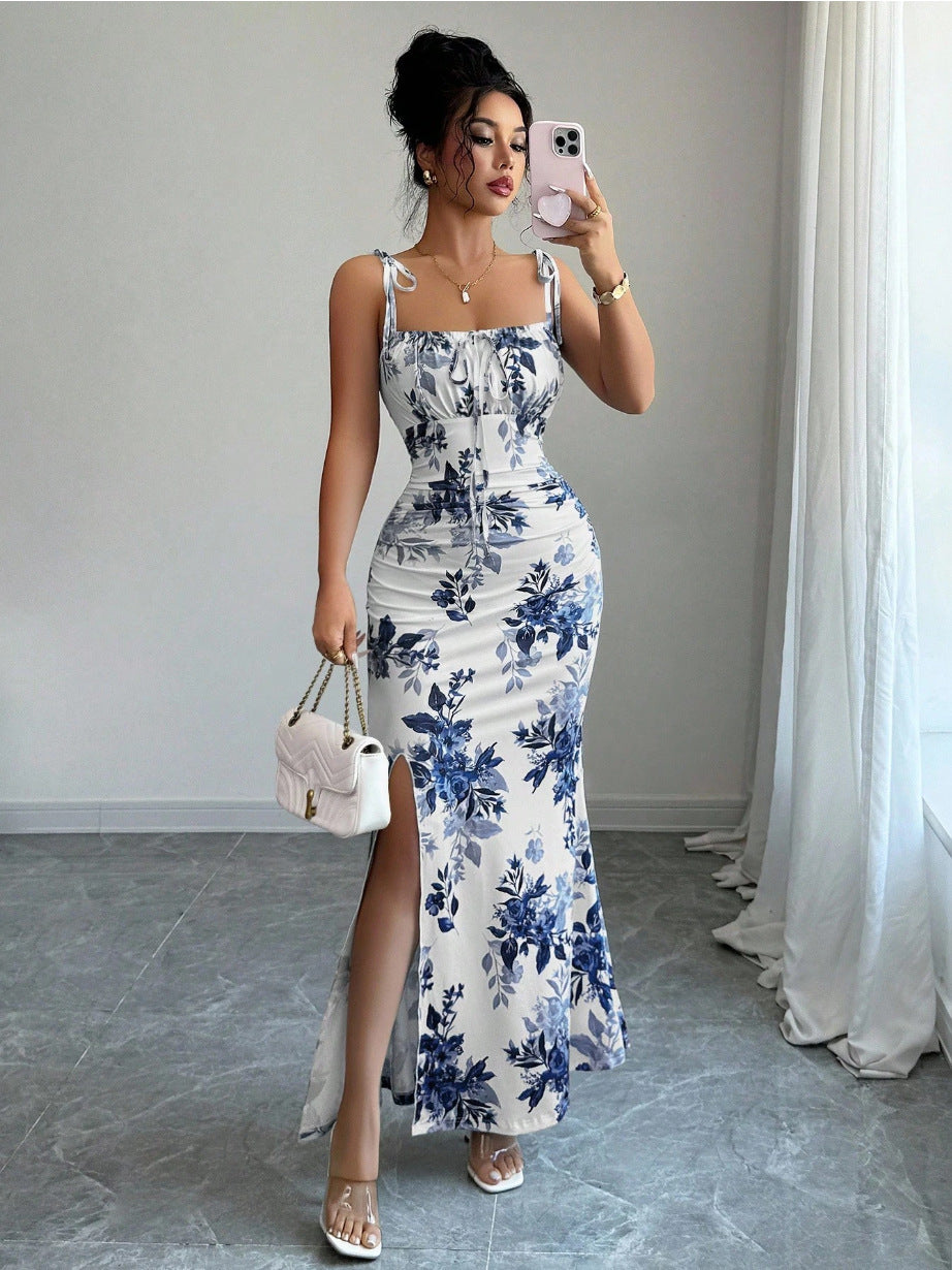 Floral Spaghetti Strap Slim Fit Slit Dress | Feminine & Stylish