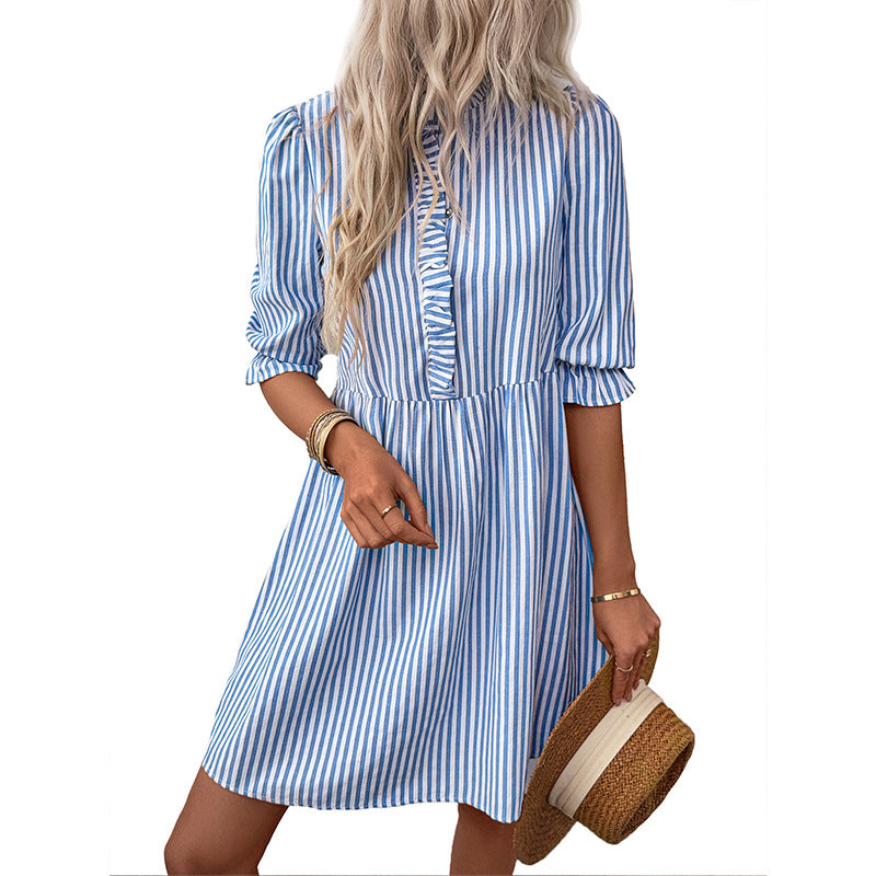 Vintage Sweet Puff Sleeve Striped Dress | Elegant Summer Style