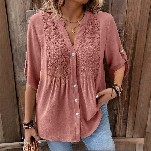 Elegant Ladies Lace V-Neck Shirt | Stylish Button Front Design
