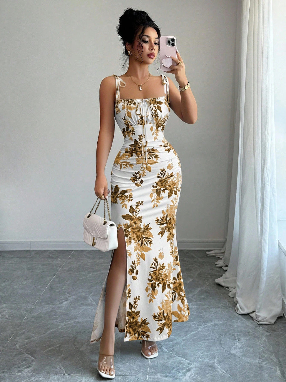 Floral Spaghetti Strap Slim Fit Slit Dress | Feminine & Stylish