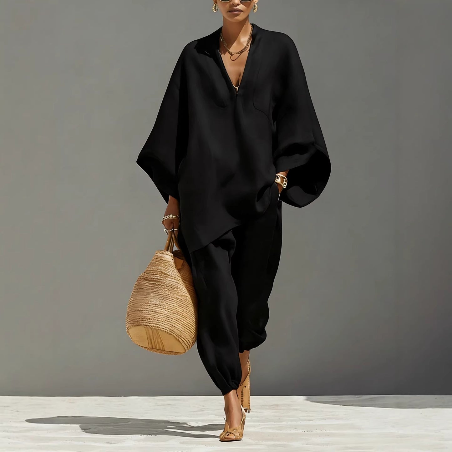 Stylish Batwing Sleeve V-Neck Casual Pants Suit for Everyday Wear