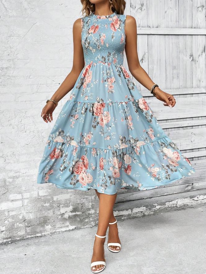 Floral Print Sleeveless A-Line Dress | Elegant & Chic Style
