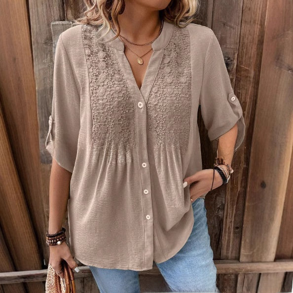 Elegant Ladies Lace V-Neck Shirt | Stylish Button Front Design