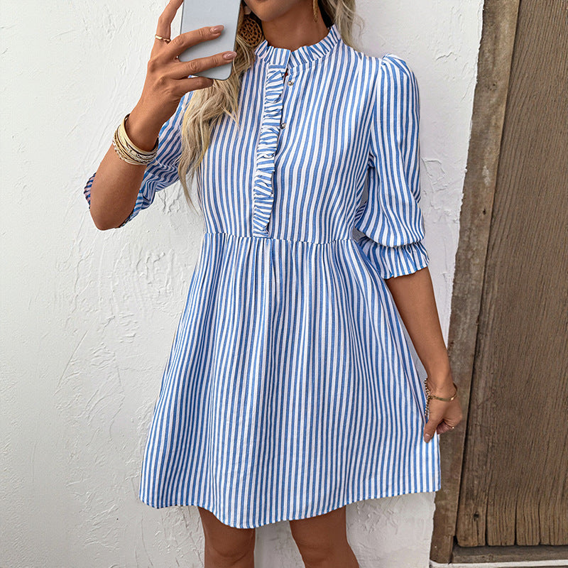 Vintage Sweet Puff Sleeve Striped Dress | Elegant Summer Style