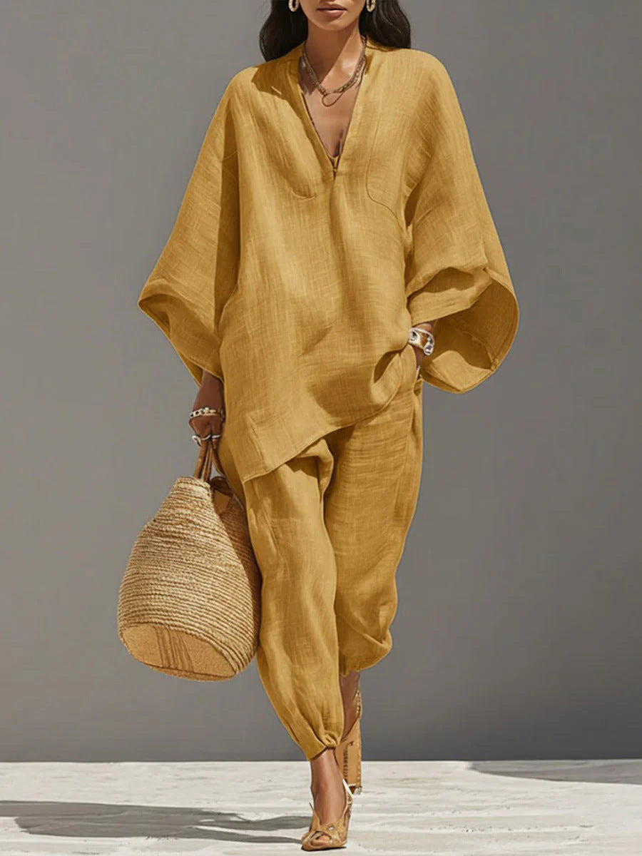 Stylish Batwing Sleeve V-Neck Casual Pants Suit for Everyday Wear