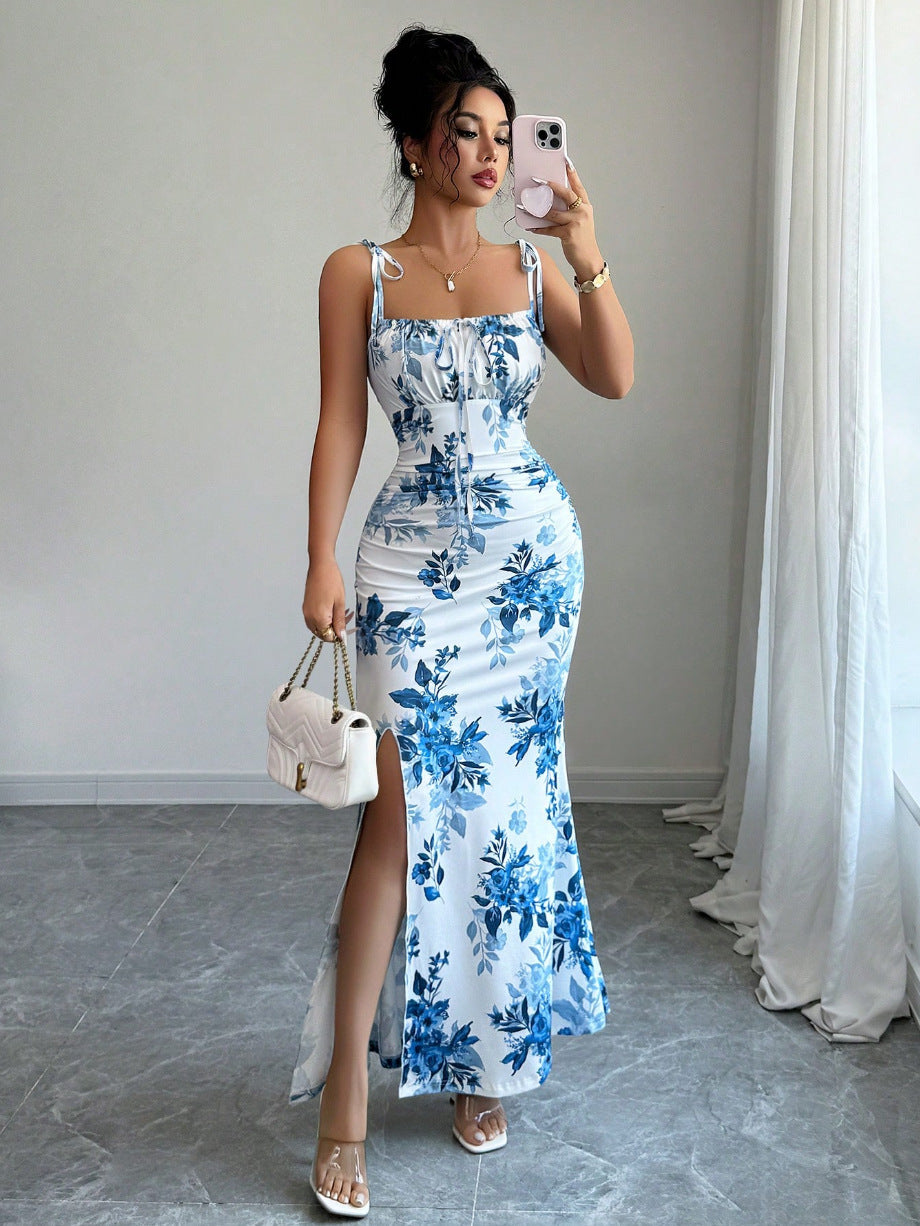 Floral Spaghetti Strap Slim Fit Slit Dress | Feminine & Stylish