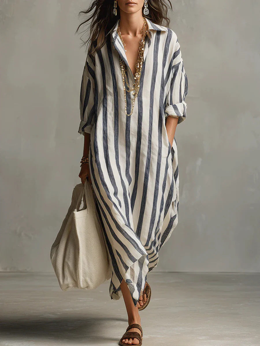 Stylish Loose V-Neck Striped Shirt Dress for Everyday Elegance