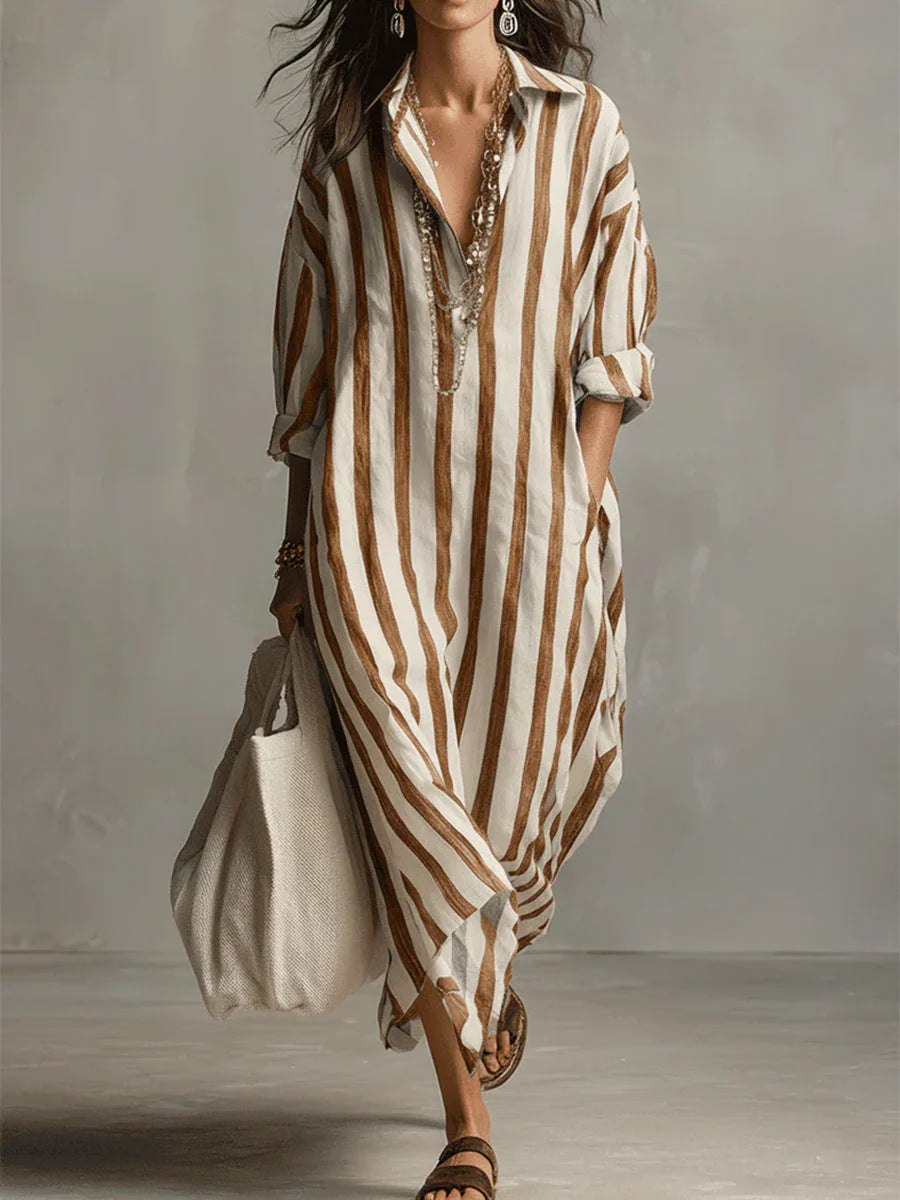 Stylish Loose V-Neck Striped Shirt Dress for Everyday Elegance
