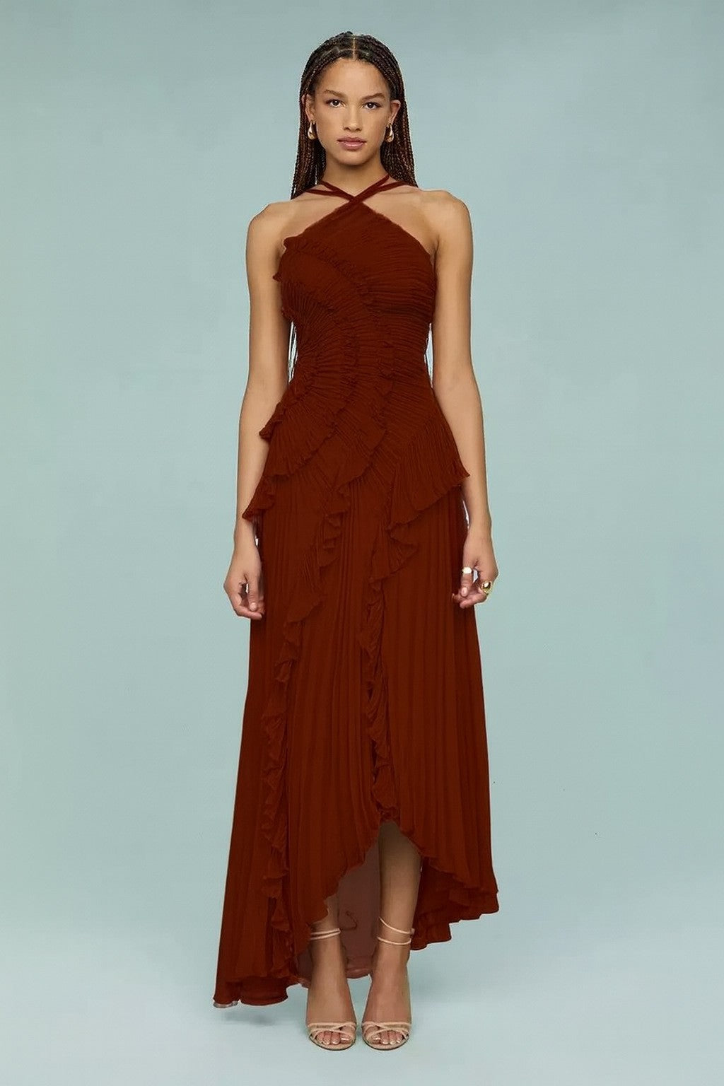 Elegant Ruffled Halter Neck Strap Dress for Any Occasion